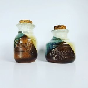 Midcentury Stoneware Pottery Spice Jars PIC USA Earth Tone Dip Glaze Cork Retro